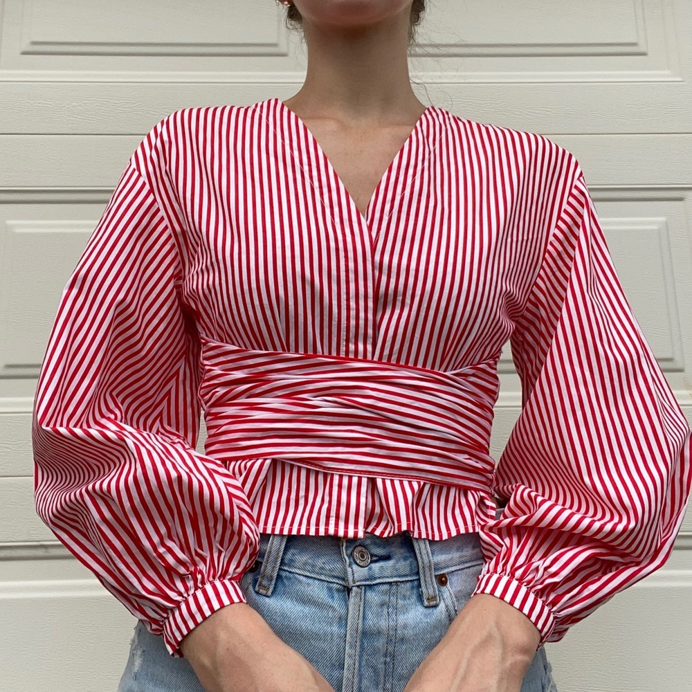 H&M Red & White Striped Button-Up Wrap Shirt